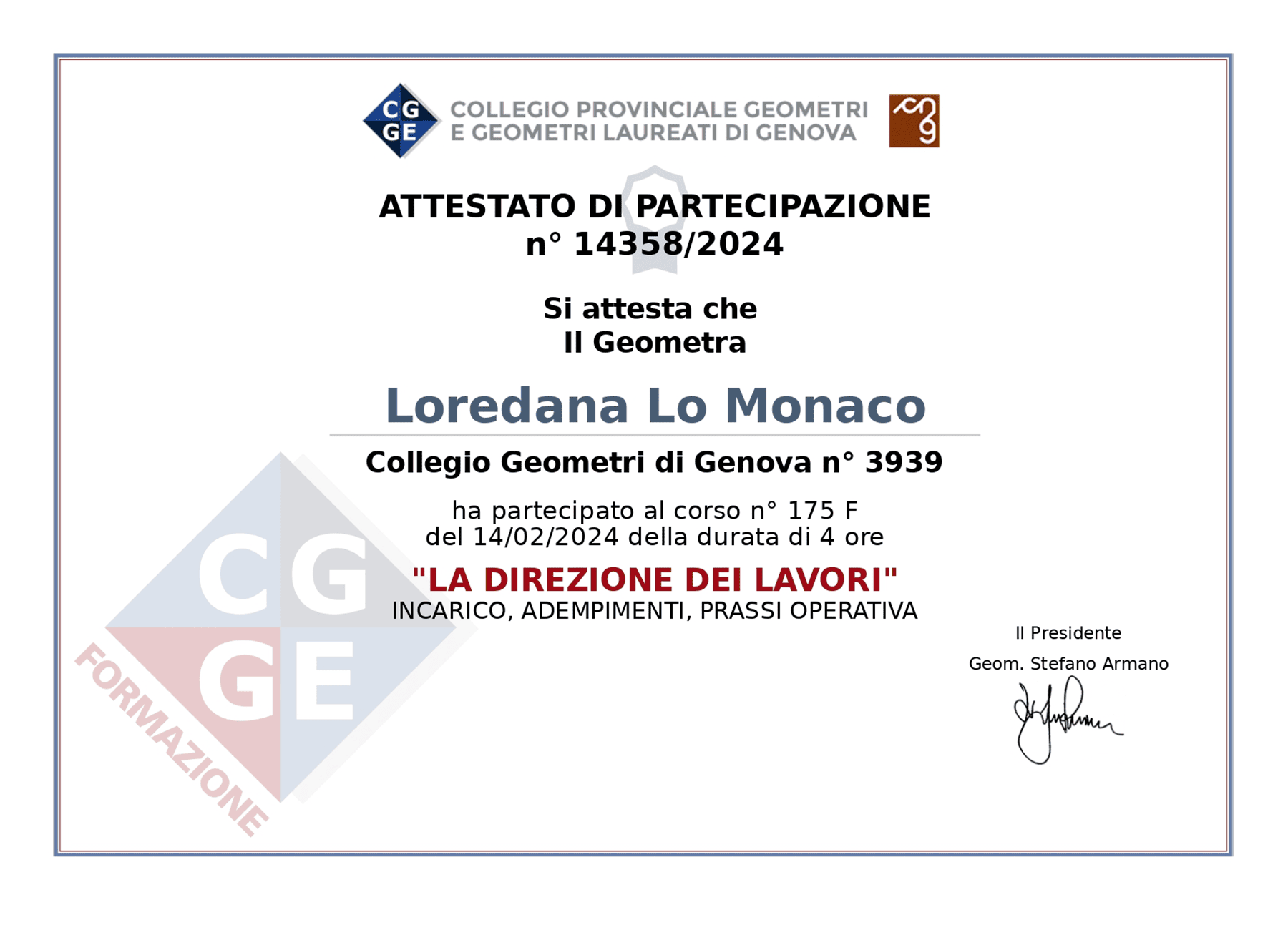aggiornamento direzione lavori - Geometra Loredana Lo Monaco - Genova